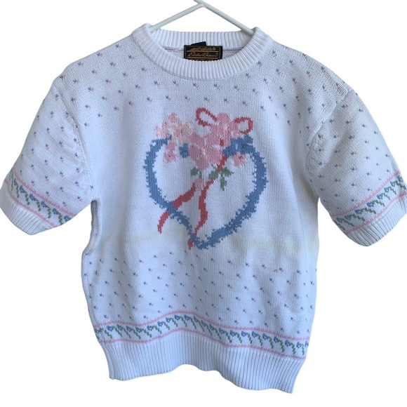 Vintage Eddie Bauer Womens Sweater Large Heart Floral Short Sleeve Grandma 1989 - Picture 1 of 5